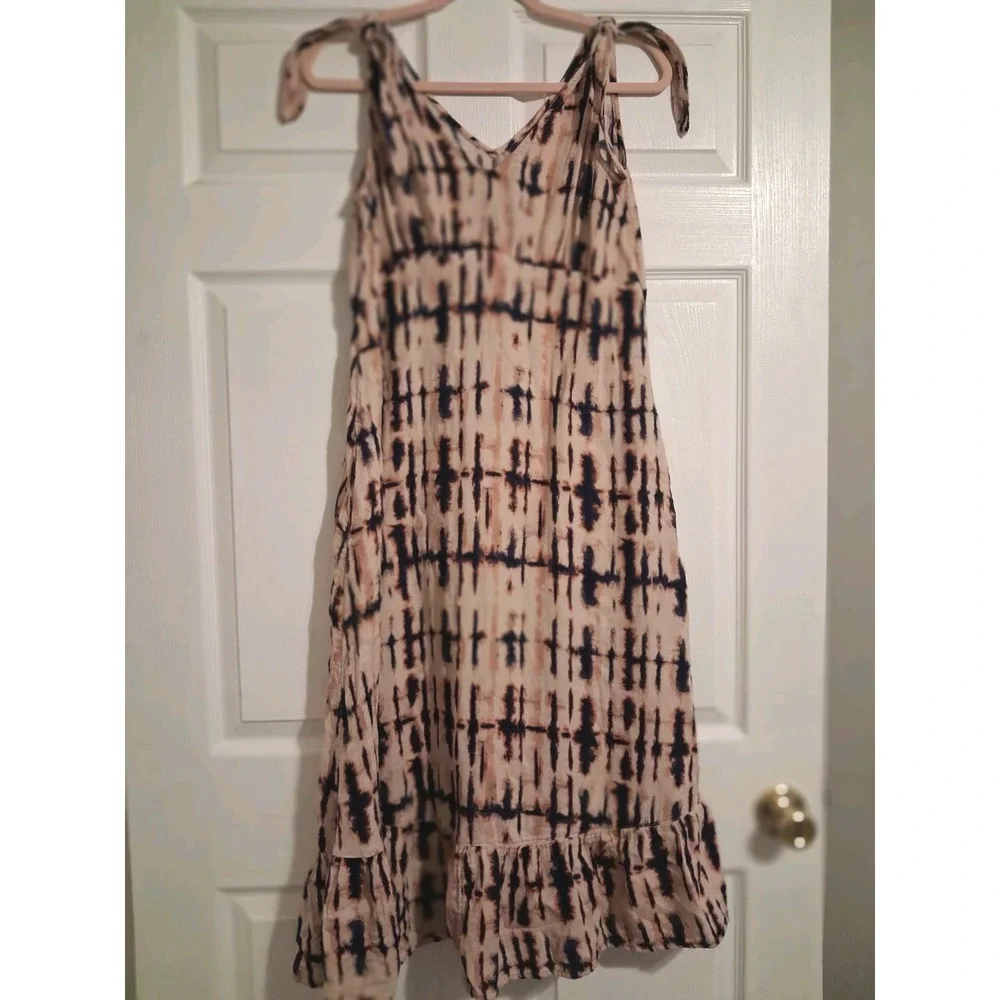 Boho 100% Cotton Tie Dye Midi Dress Tie Shoulder Ruffle Hem Fall Layering Small